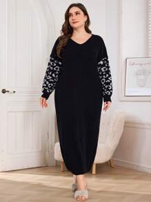 Mulvari Plus Size Women Leopard Print Sleeve Round Neck Casual Dress, For Winter - Black - View 1