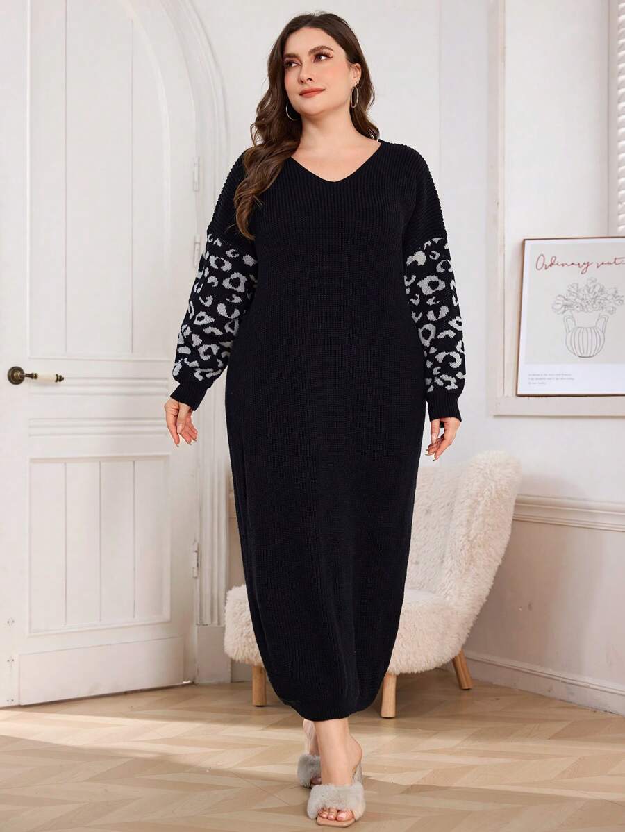 Mulvari Plus Size Women Leopard Print Sleeve Round Neck Casual Dress, For Winter - Black - View 1