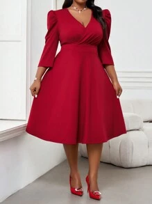 SHEIN Lady Mùa thu và mùa đông thanh lịch tiệc đi làm đám cưới ngày lễ tình nhân tiệc năm mới tiệc cocktail ngày lễ tình nhân hòa nhạc/lễ hội âm nhạc cổ áo đan chồng màu đỏ loe tay áo midi dài tay ba phần tư váy cỡ lớn - Màu Đỏ Sâu - Xem 5