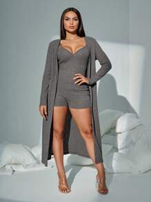 SHEIN SXY 2 piezas Conjunto de chaqueta de manga larga y pernera sin mangas de punto acanalado liso para mujer - Gris - Ver 5