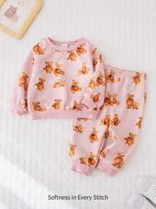 Cozy Pixies 女婴 2 件套卡通熊图案针织柔软圆领长袖套头连帽衫和慢跑裤，秋季服装套装 - 粉色 - 查看 4