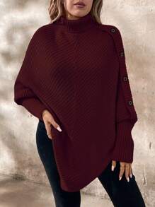 SHEIN LUNE Suéter casual de cuello alto de unicolor de manga larga con botones, suéter de punto de invierno de otoño en talla grande