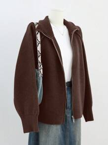 Dazy-Less Loose Minimalist Solid Color Patchwork Knitted Cardigan Old Money Style,Fall Clothes Business Casual Woman Work Clothes Jacket - Brown - View 3