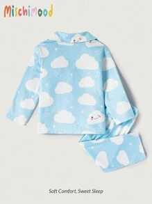 SHEIN Set de 2 piezas de ropa interior para bebé niña con top de manga larga con cuello cárdigan y estampado de nubes, y pantalones casuales - Multicolor - Ver 2