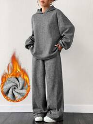 SHEIN EZwear 2 pezzi/set Felpa con cappuccio oversize con fodera termica e pantaloni ampi, grigio