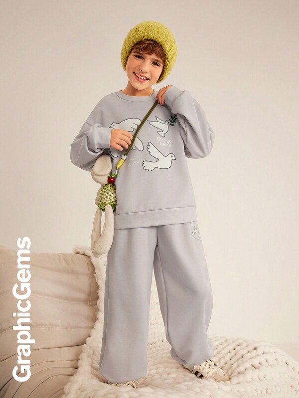 2pcs Tween Boys Cartoon Printed Crew Neck Pullover Sweatshirt And Long Pants Set