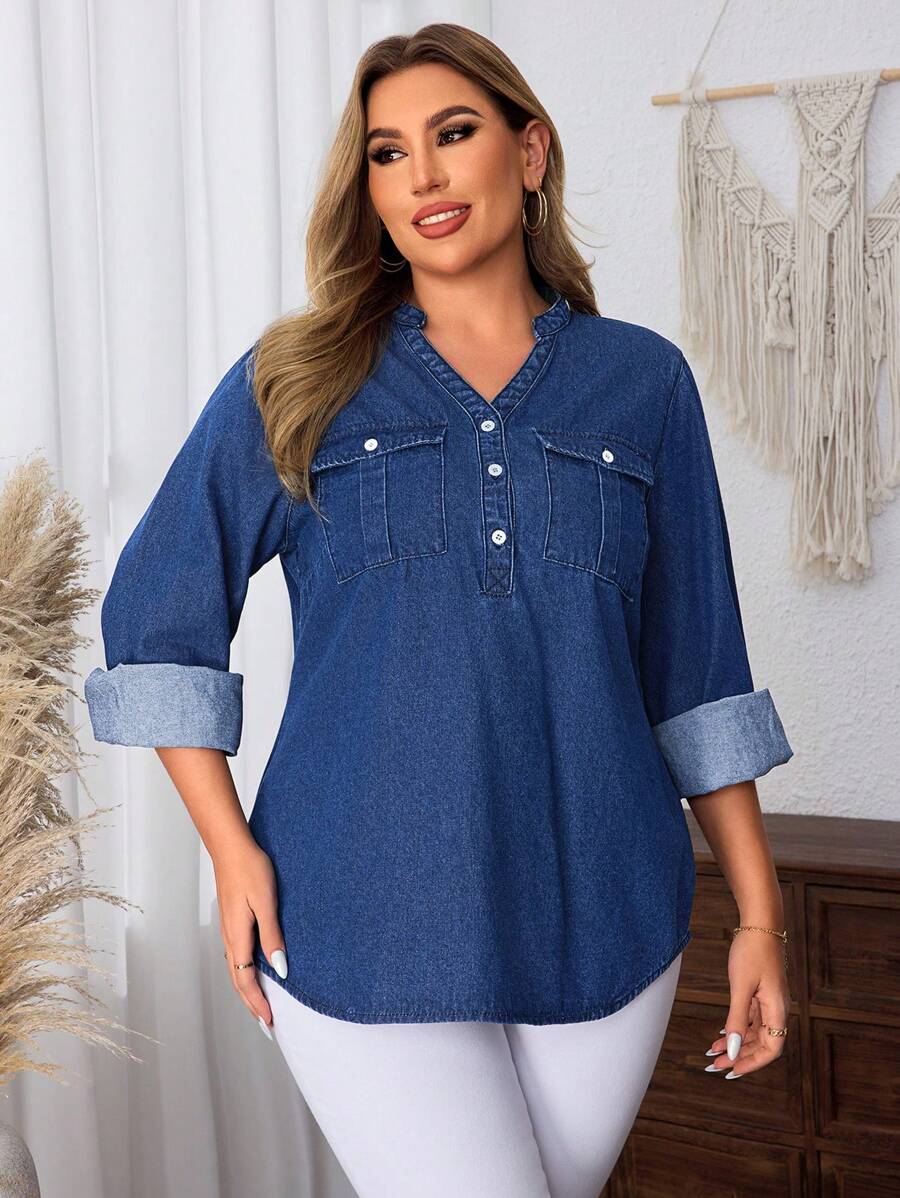 SHEIN CURVE+ 女式大码无弹力蓝色休闲 V 领牛仔上衣