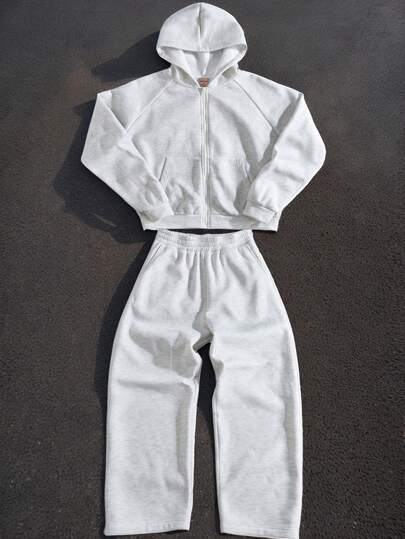 Forever 21 Men Oversized Boxy Zip-Up Hoodies & Sweatpants Two-Piece Set In Light Grey, Fall Clothes