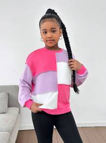 SHEIN Tween Girl Casual Colorblock Round Neck Loose Fit Long Sleeve Sweatshirt - Mauve Purple - View 6