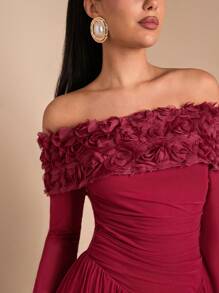 SHEIN BAE Đầm dài bodycon hở vai in hoa gợi cảm thanh lịch lãng mạn cho nữ, thích hợp cho hẹn hò, tiệc tùng, mặc hàng ngày, Giáng sinh, kỷ niệm, phù dâu, đám cưới - Màu Đỏ Sâu - Xem 4
