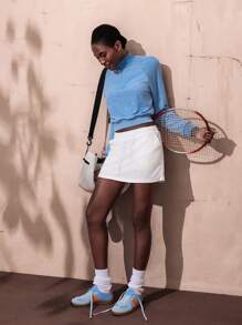 VARSITIE Áo crop top thể thao polo nữ cổ cao tay dài có khóa kéo màu xanh - Màu xanh lam - Xem 3