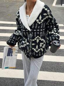 SHEIN Essnce Women's Geometric Pattern Drop Shoulder Loose Fluffy Jacket, Long Sleeve, Autumn/Winter