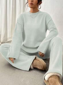 SHEIN Unity 女士纯色圆领落肩长袖毛衣和针织裤两件套，休闲秋冬 - 淺藍色 - 查看 1