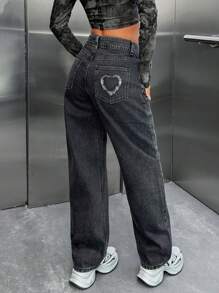EURMUSE Women's High Waist Pocket With Heart Frayed Hem Straight Loose Casual Jeans - Grey - View 2