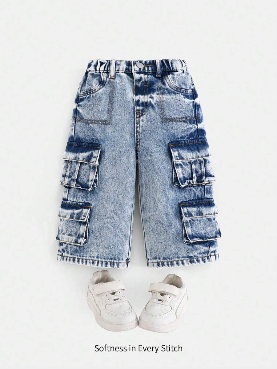 Cozy Pixies Baby Girls' Fashion Stonewashed Simple Front Buttoned Pockets Casual Denim Cargo Wide Leg Pants - Medium Wash - View 1