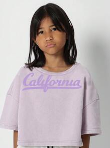 SUMWON Tween Girls Crop Fit Washed Tee With Front Graphic Print - Purple - View 3
