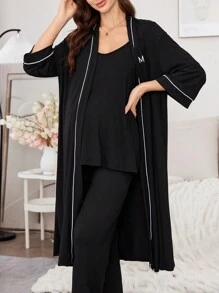 Moonlight&Mama Maternity 3 Pieces Set: Contrast Trim Letter Embroidered Robe With Adjustable Strap Cami Top And Long Pants Sleepwear, Clothes, Cozy Outfit, Fall & Winter - Black - View 3