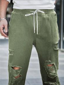 Manfinity LEGND Men's Front Lace-Up Pocket Distressed Simple Casual Jeans - Army Green - View 5
