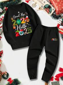 Manfinity RelaxMax 男士休闲日常新年字母印花圆领运动衫和运动裤套装，秋冬 - 黑色 - 查看 1