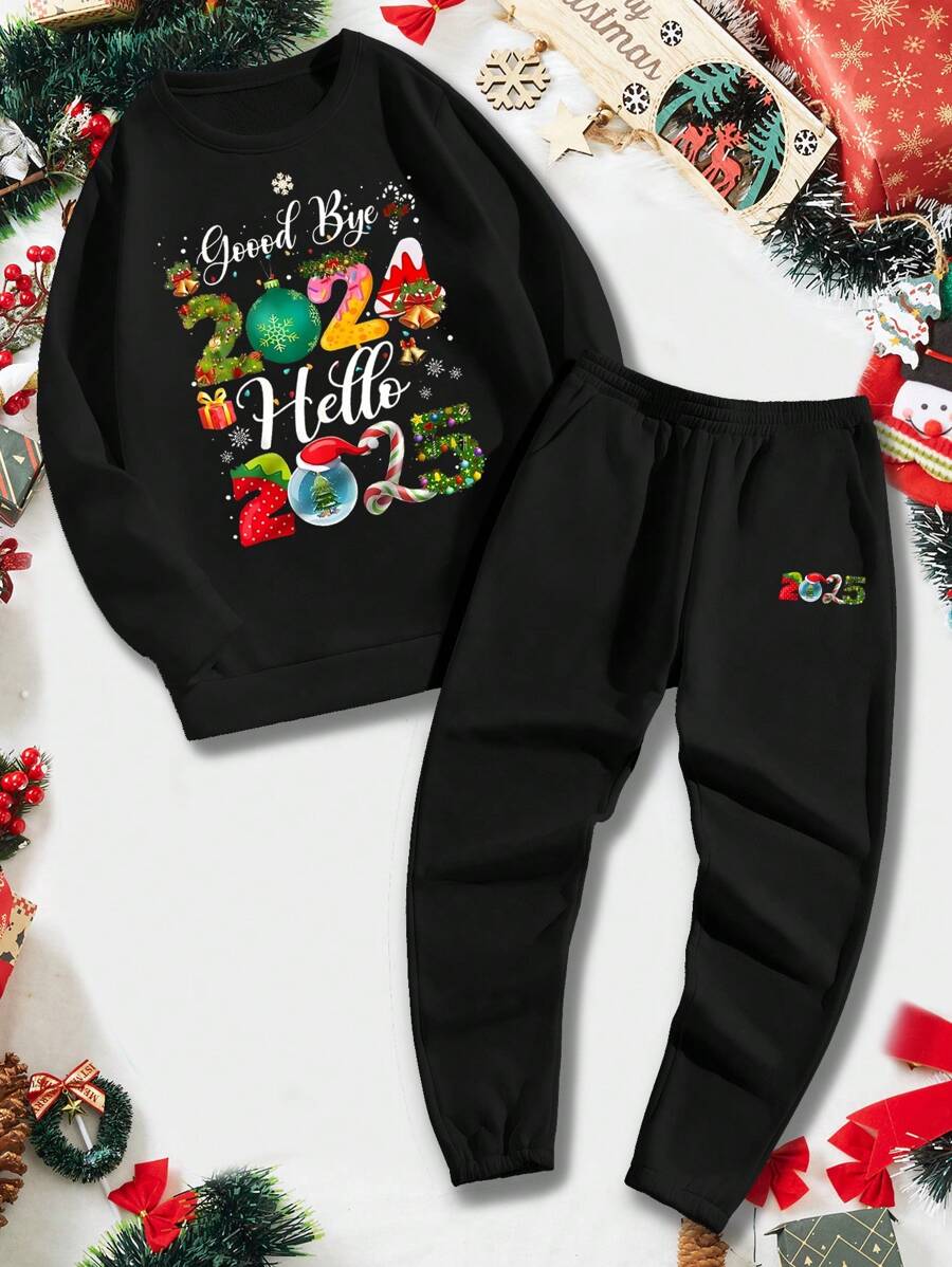 Manfinity RelaxMax 男士休闲日常新年字母印花圆领运动衫和运动裤套装，秋冬 - 黑色 - 查看 1