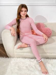 SHEIN Tween Girls 2pcs/Set Sweet Minimalist Ruffle Collar Long Sleeve T-Shirt And Soft Pajama Pants Set, Comfortable Sleepwear - Baby Pink - View 2