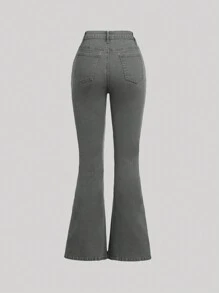 SHEIN Girlism 少女口袋喇叭腿休闲百搭牛仔裤 - 灰色 - 查看 2