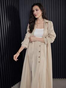 Modelyn 女士休闲纯色长袖风衣夹克和双排扣 A 字裙 2 件套，优雅 2 件套 - 卡其色 - 查看 7