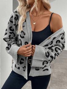 SHEIN LUNE Áo khoác len dài tay cổ chữ V túi nút phía trước họa tiết da báo - Xám - Xem 5