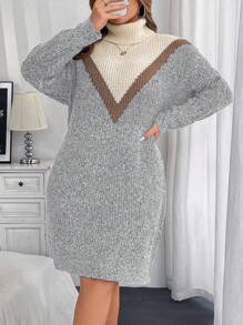 Calvaya Plus Size Jednolity Kolor Patchwork Golf Długi Rękaw Casual Krótki Sweter Sukienka, Na Zimę