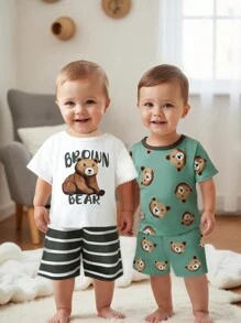 SHEIN Conjunto de 2 piezas para bebé niño con camiseta de manga corta y pantalones cortos, cómodo y duradero, con estampado gráfico lindo, ajuste relajado con cuello redondo en la camiseta y cintura con cordón en los pantalones, adecuado para primavera/verano - Multicolor - Ver 1