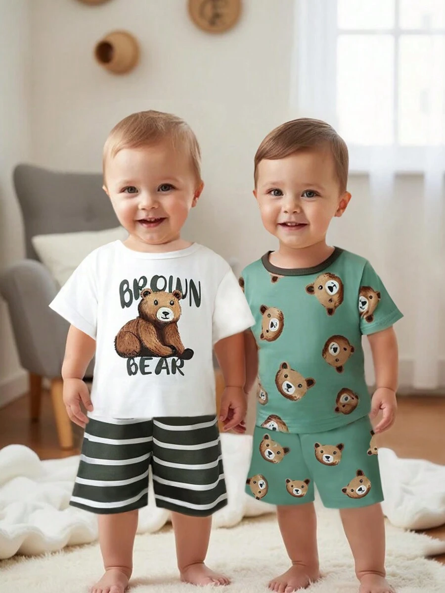 SHEIN Conjunto de 2 piezas para bebé niño con camiseta de manga corta y pantalones cortos, cómodo y duradero, con estampado gráfico lindo, ajuste relajado con cuello redondo en la camiseta y cintura con cordón en los pantalones, adecuado para primavera/verano - Multicolor - Ver 1