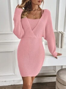 SHEIN Clasi 女式纯色蝙蝠袖二合一短款针织毛衣连衣裙，秋冬 - 粉色 - 查看 6