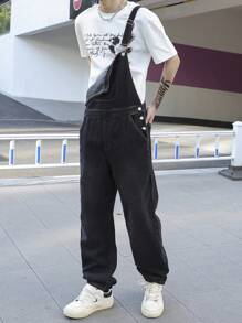 Manfinity Homme Men's Wide Strap Button Pocket Simple Casual Denim Bib Overalls