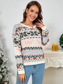 SHEIN LUNE Women's Casual Reindeer Pattern Round Neck Long Sleeve Sweater, Autumn/Winter