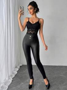 Chiquease 纯色 PU 皮革拼接装饰束腰紧身裤 - 黑色 - 查看 6