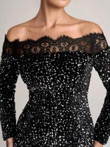 SHEIN Belle 女士露肩长袖蕾丝和亮片装饰休闲派对礼服，黑色 - 黑色 - 查看 7