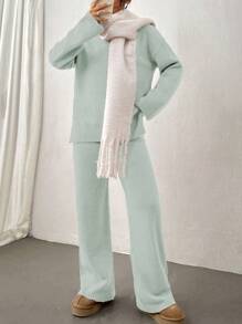 SHEIN Unity 女士纯色圆领落肩长袖毛衣和针织裤两件套，休闲秋冬 - 淺藍色 - 查看 5