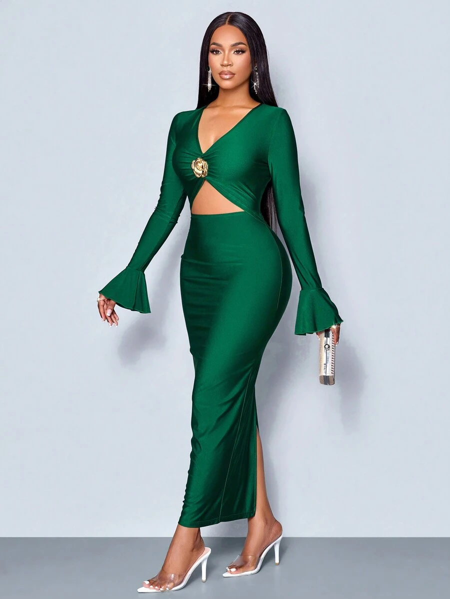 SOLERSUN Winter Clothes For Women Holiday Clothes Christmas New Years Green Color V Neck Openwork Cut Out Front Ruffle Long Sleeve Long Dress Maxi Women Outfit