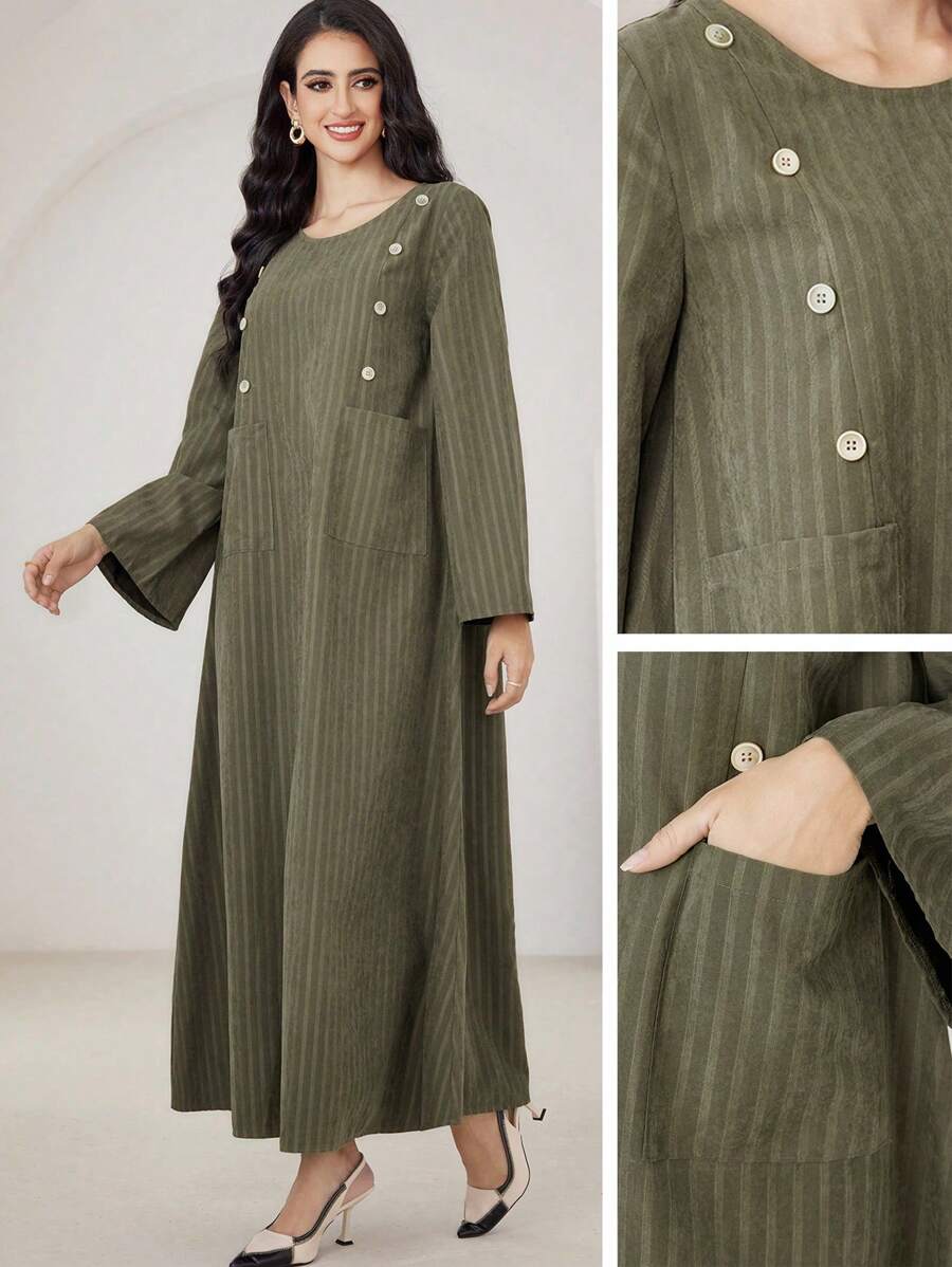 Al Najma 女式秋季休闲优雅宽松纽扣装饰喇叭袖连衣裙，朴素长袖休闲束腰阿拉伯连衣裙，适合日常休闲 - 綠色 - 查看 1