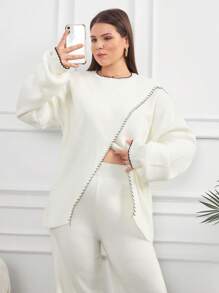 SHEIN Cottnline Asymmetric Detail Sweater And Pant Knitwear 2 Pcs Set Casual - Apricot - View 4