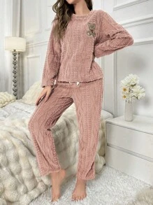 女士卡通熊刺绣蓬松圆领长袖上衣和裤子睡衣套装，冬季、秋季保暖舒适 - 藕粉色 - 查看 4