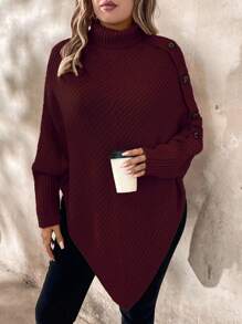 SHEIN LUNE Suéter casual de cuello alto de unicolor de manga larga con botones, suéter de punto de invierno de otoño en talla grande