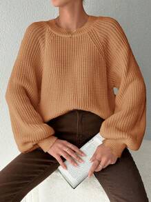 EURMUSE Plus Size Fall Solid Color Crew Neck Long Sleeve Simple Knit Sweater, Casual For Everyday Wear, For Winter - Camel - View 4