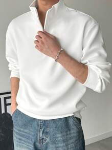 DAZY Men's Solid Zip-Up Half Placket Long Sleeve Loose Casual Sweatshirt Fall,Winter Quarter Zip Men - White - View 8