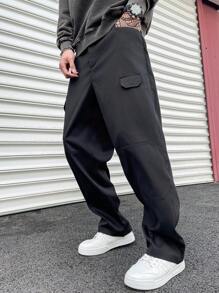 Manfinity Homme Plus Size Men's Casual Fashion Versatile Straight Leg Pants, Spring/Autumn Going Out Long Plain Black Cargo Pants, For Husband, Boyfriend Gifts