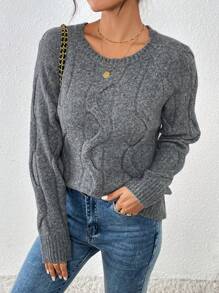 Chiquease Women's Dark Grey Crew Neck Twist Rope Thick Warm & Soft Pullover Sweater Knit Pullover Fall Winter - Dark Grey - View 4