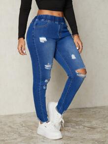 SHEIN SXY 女士纯色破洞紧身口袋牛仔裤，休闲百搭