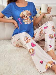 可爱小狗和心形图案女士睡衣套装 - 彩色 - 查看 5