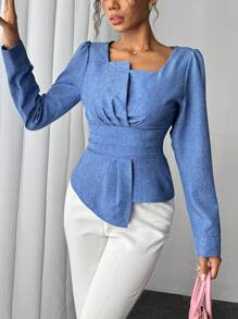 Chiquease Solid Color Asymmetrical Collar Ruffle Hem Blouse - Blue - View 1