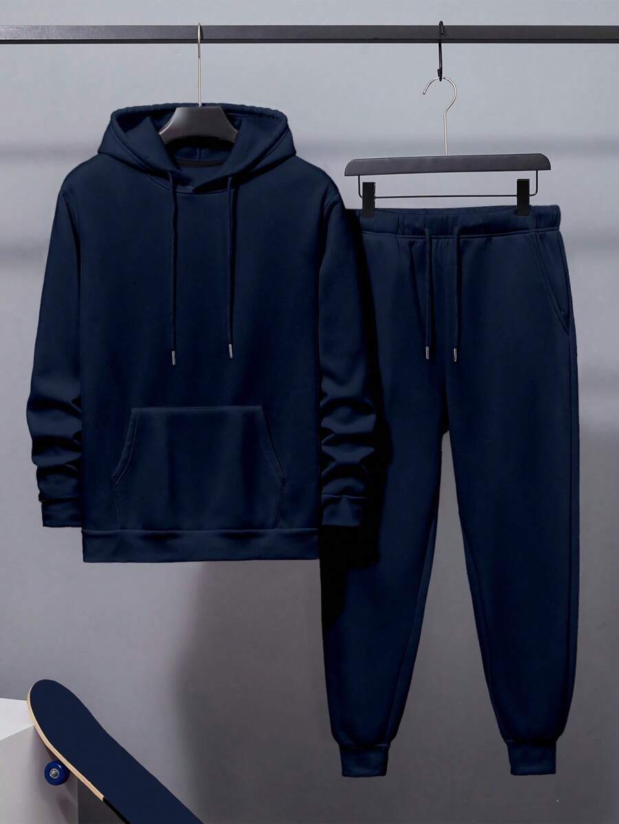 Manfinity Dauomo 2 件套男士纯色长袖连帽衫,带前袋和长裤,秋冬装 - 寶藍色 - 查看 1
